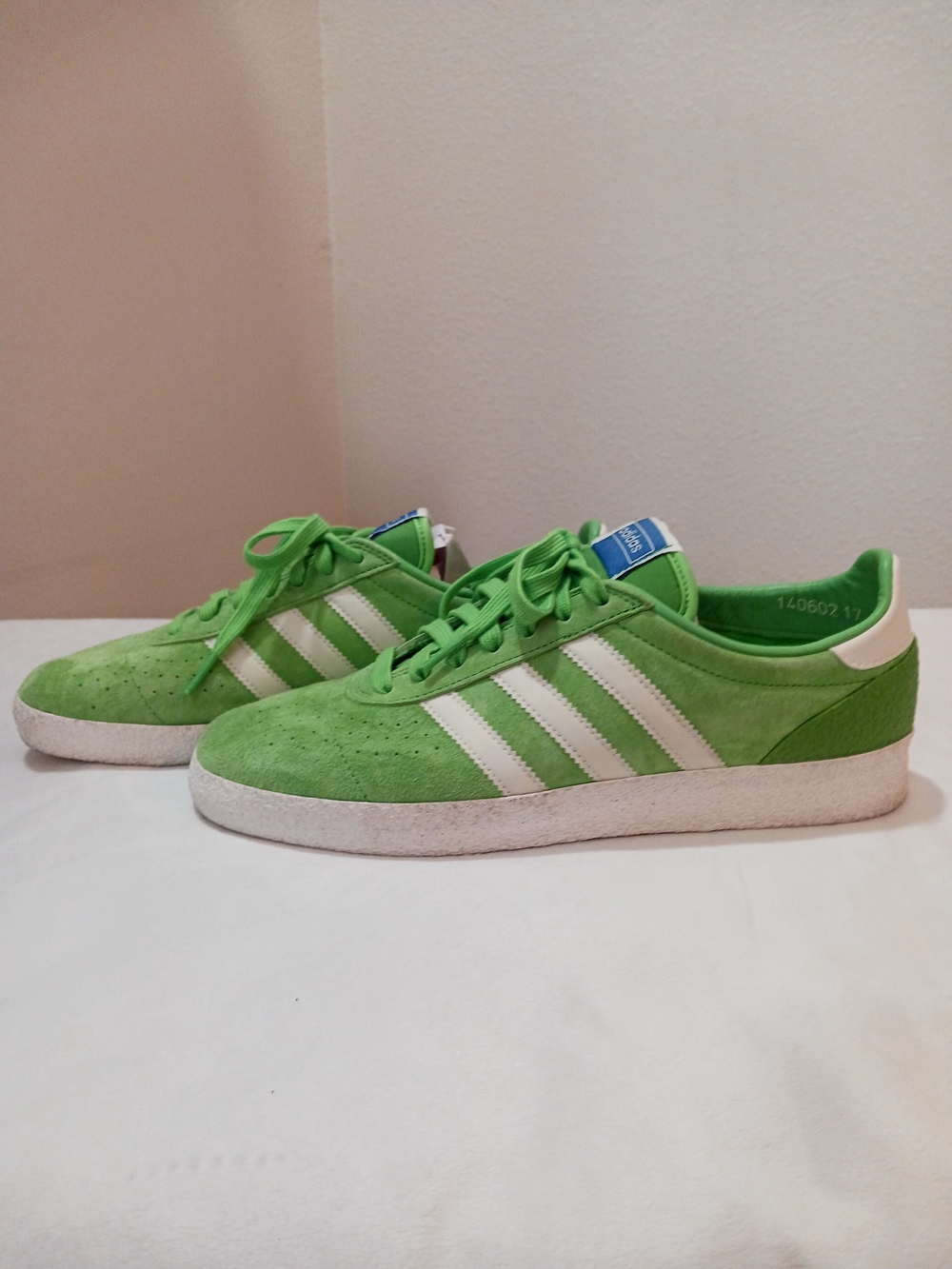adidas Bright Green Suede Trainers with White Stripes